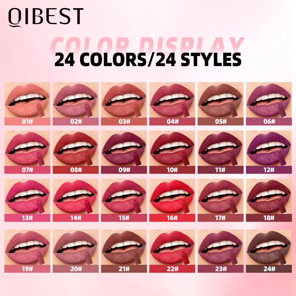 QIBEST 新24色マットリップグロス 防水リキッドリップスティック ヌードパープルリップティント メイクアップリップグレイズ コスメティック レッドリップステイン