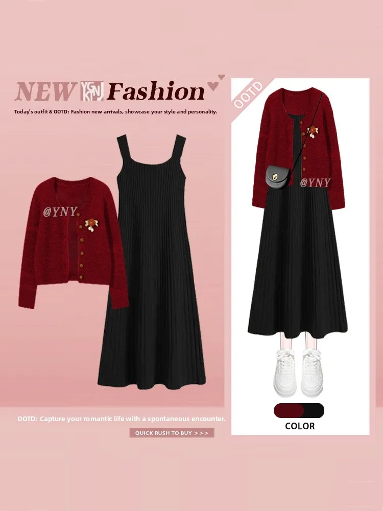 New Year's Aosphere Women's Knitted Sweater Dr Two-Piece Set Floral Decoration Long Sve V-Ne High Waist Midi Skirt