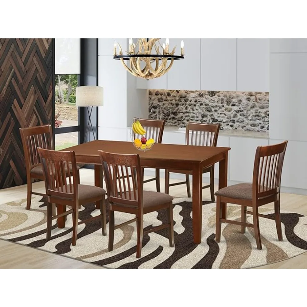 DUNO7-MAH-C Dudley 7 Piece Set Consist of a Rectangle Kitchen Table and 6 Linen Fabric Upholstered Dining Chairs