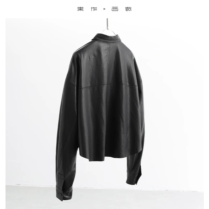 جلد الماعز الناعم والشمع ~ زر القرن ملابس خارجية من الجلد الطبيعي طية صدر السترة بأكمام طويلة نوع الرأس ملابس خارجية نسائية قصيرة لخريف وشتاء 2025 نمط جديد