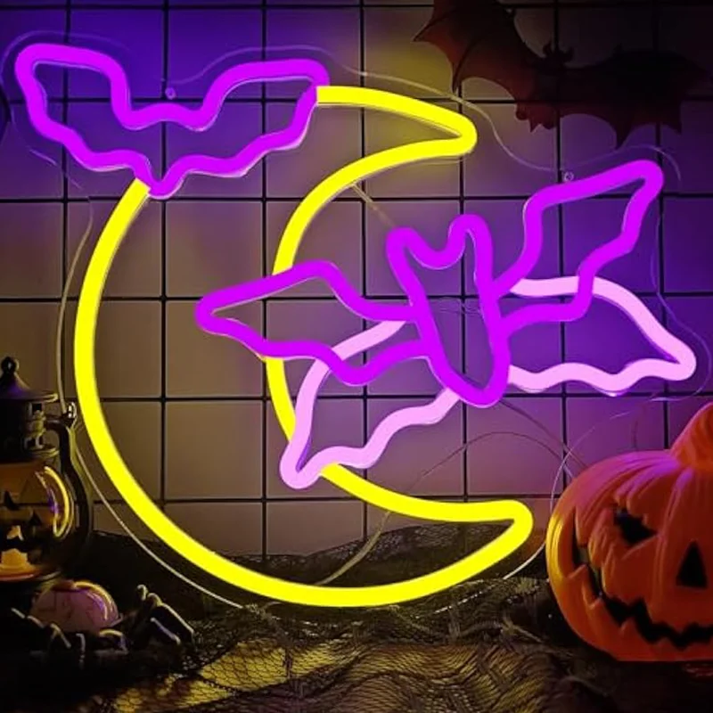 

Halloween Moon Flying Neon Sign Led Bat Sign Wall Hanging Decor For Halloween Party Window Backdrop Man Cave
