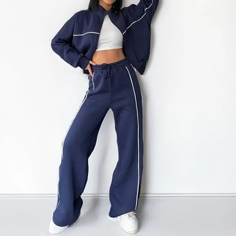 Women Sport Clothes Stylish Women's Winter Tracksuit Set with Half-high Collar Coat Wide Leg Pants Zip-up Long Sleeve for Cold