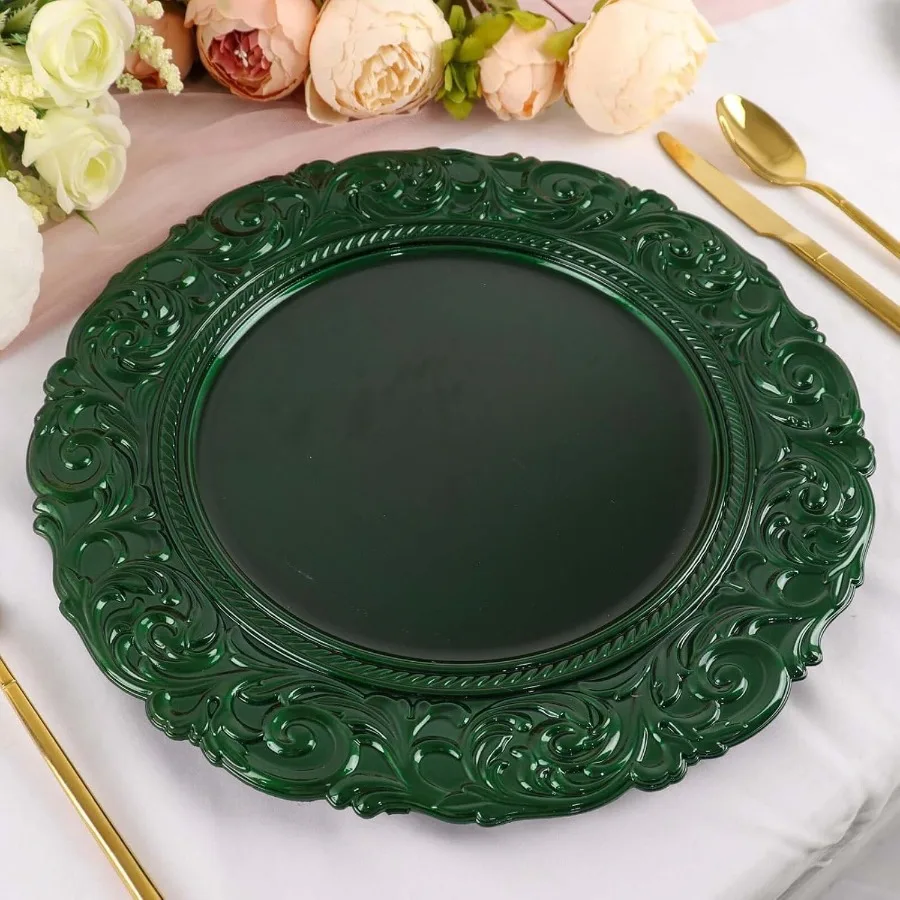 

14" Charger Plates Set of 12 Hunter Green Disposable Chargers With Engraved Baroque Rim Round Acrylic Serving Plate For Wedding