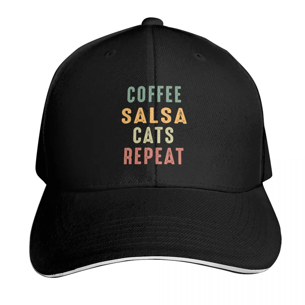 Coffee Salsa Cats Repeat, salsa Dancer, Dance Baseball Cap Quick Dry Performance Cotton Twill Breathable Contrast Two Tone Brim