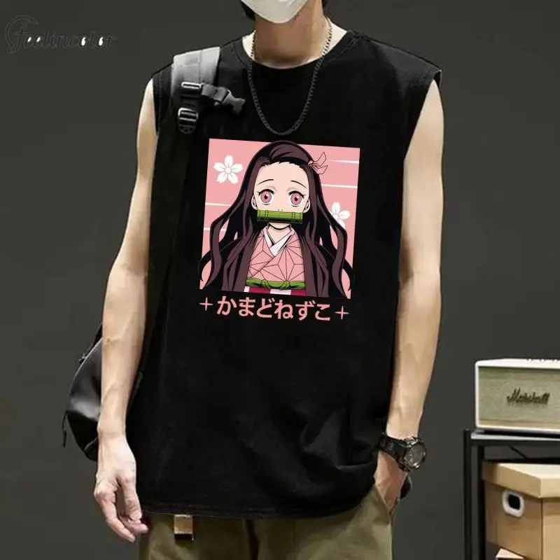 Japanese Anime Tank Top for Men Kamado Nezuko Tanjirou Print Vest Kokushibou Graphic Sleeveless T-Shirts Black Male Clothing