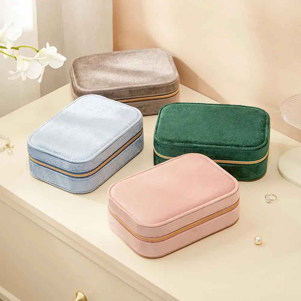 Double Layer Minimalist Jewelry Storage Box Portable Velvet Ring Earring Pendant Box Solid Plush Jewelry Packaging Display Case