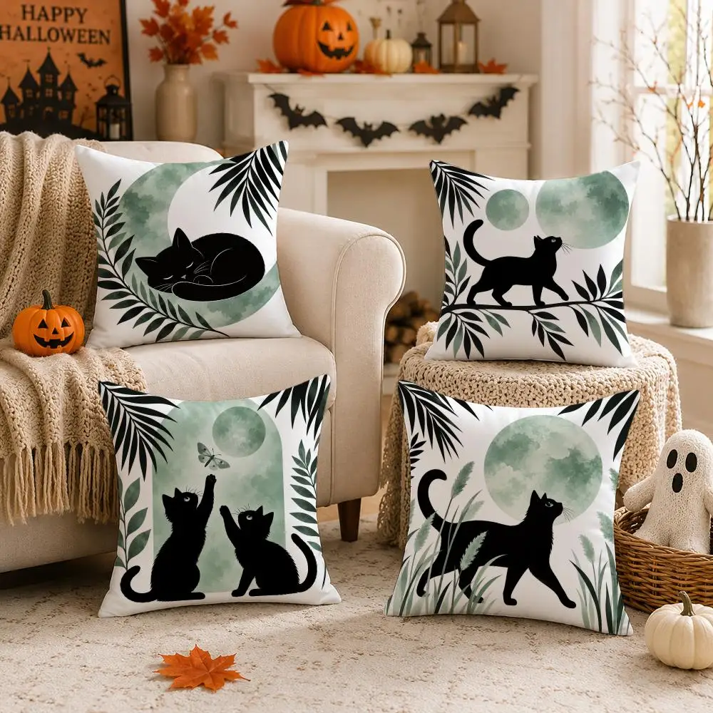 Sage Moon Cat Silhouette Cushion Cover 1/4PCS Short Plush Pillow Cover Set Soft Decorative Cushion Case for Sofa Bed Home Decor