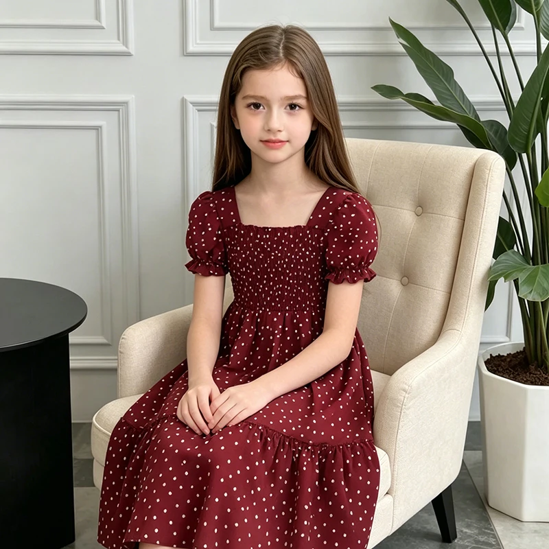 Kids Dress For Girls Red Polka Dot Square-Cut Collar Short Sleeve Elastic-Waist Shirred Patchwork 8-12 Years Summer Sweet Style