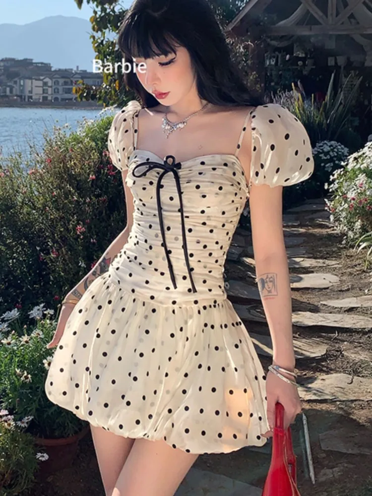 Polka Dot Birthday Party Dress Off Shoulder Puff Sleeve A-line Ball Gown Mini Dresses for Women Korean Fashion One Piece Vestido