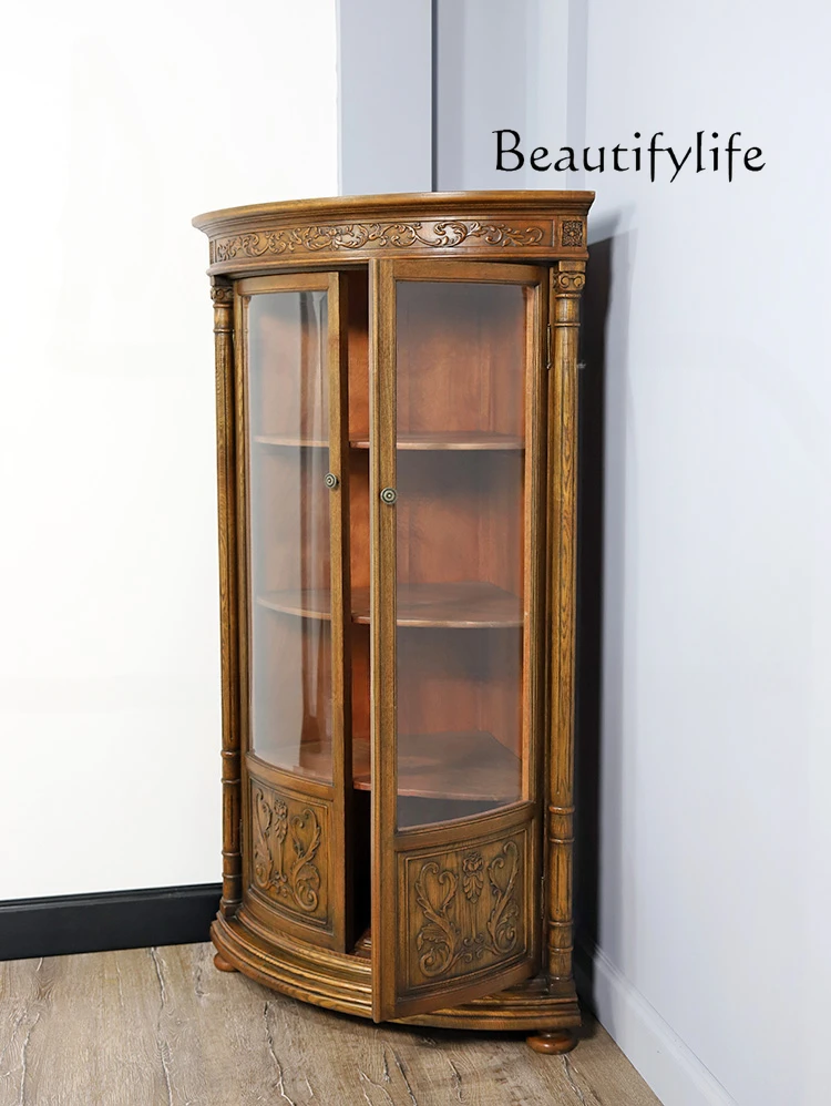 Nordic Antique Glass Door Corner Cabinet Solid Wood Simplicity Display Cabinet