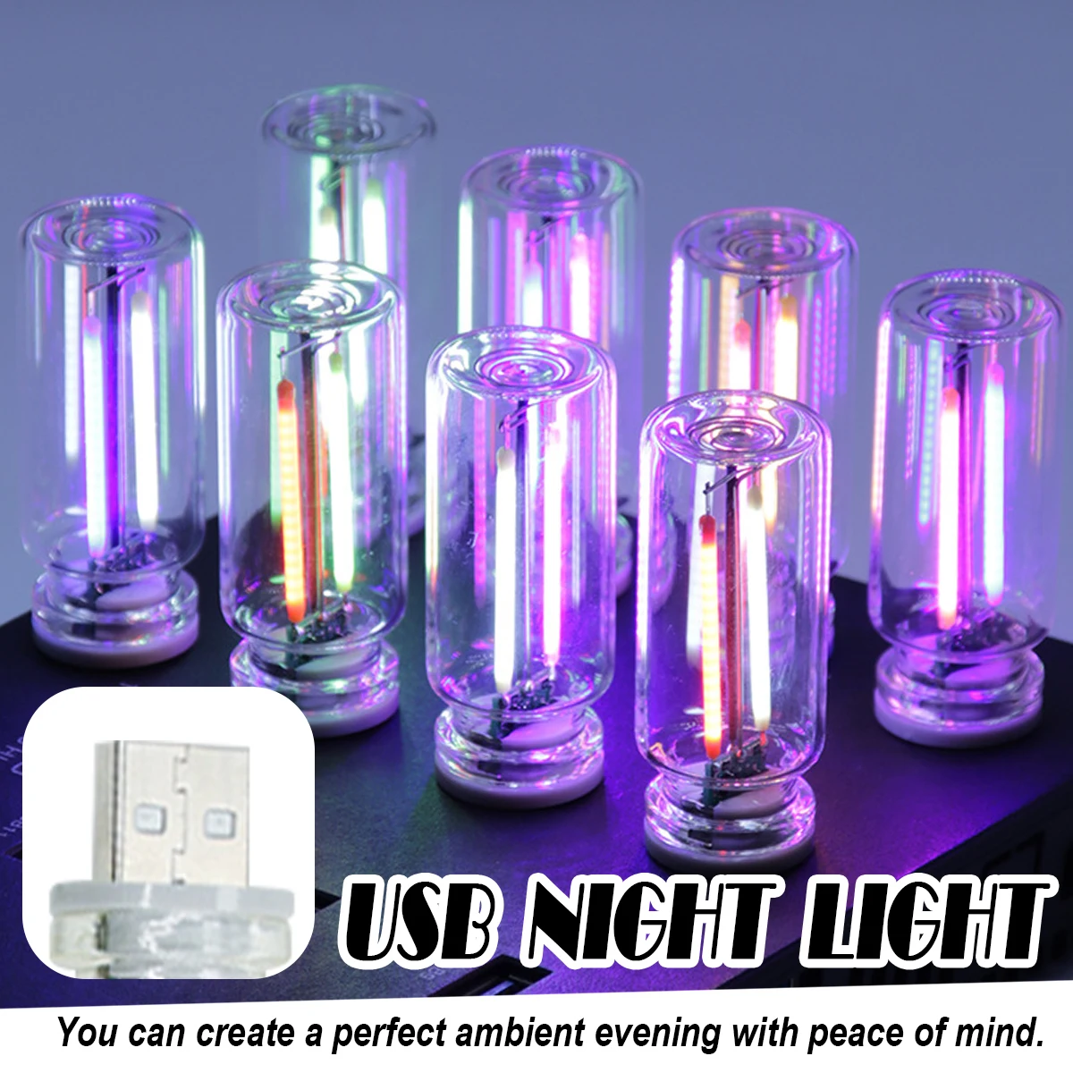 Retro USB Led Filament Night Light Dimming Lamp Decorative Glass Touch Lighting Incandescent Camping Mini Purple Bulb Treasure