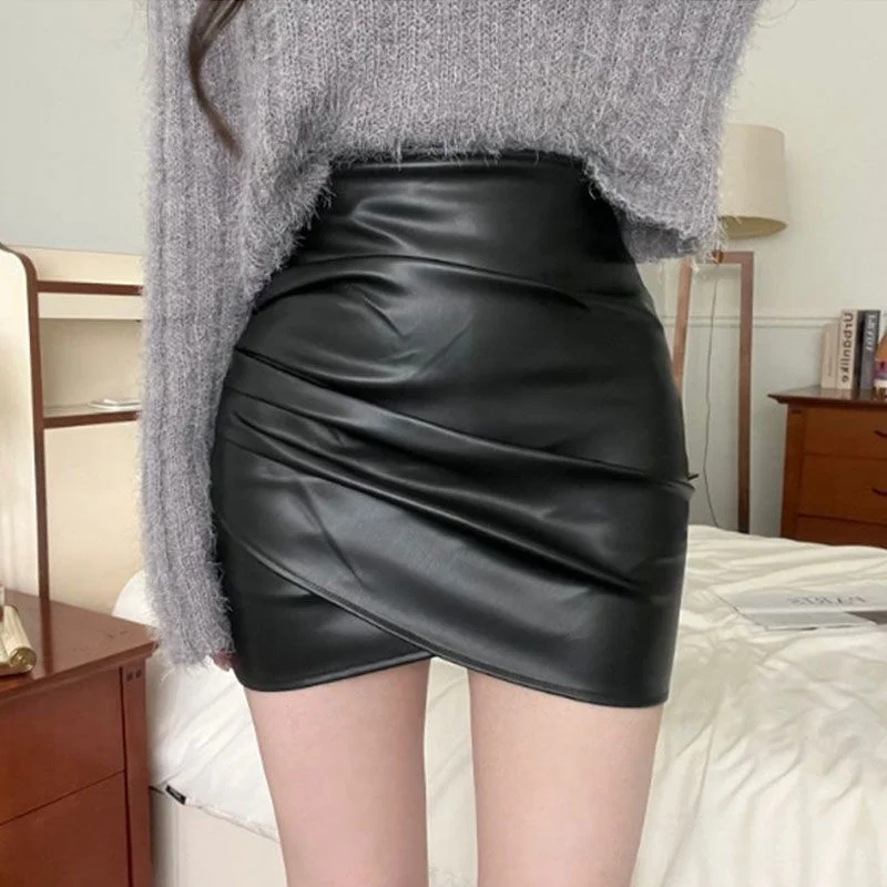 

Pleated Irregular Skirt Short Women's High Waist Sexy Pu Leather One Ropa Mujer Mini Skirts Clothes for Women