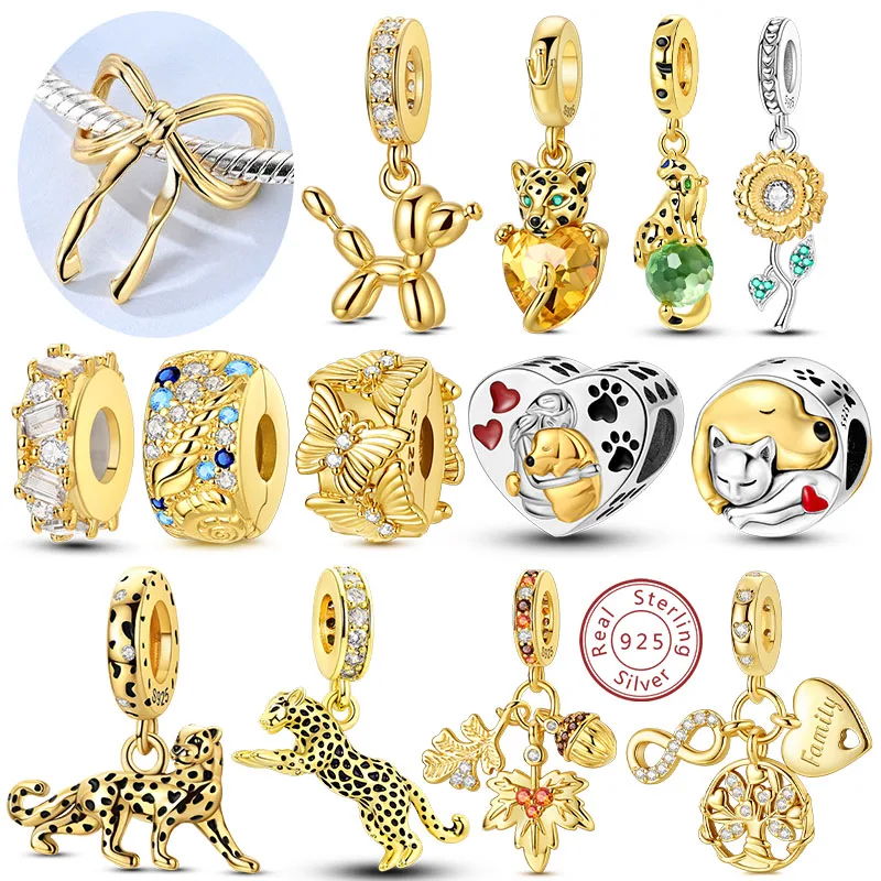 925 Sterling Silver Charms Gold Series Leopard Cat Dog Sunflower Butterfly Charm Bead Pendant Fit Original Bracelet Jewelry Gift