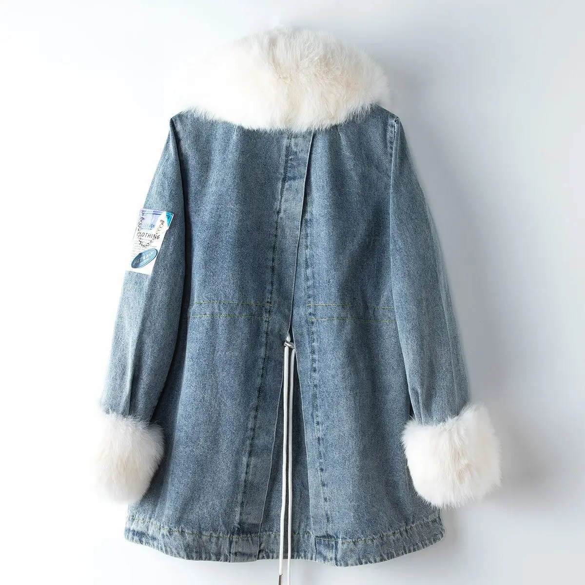 clothing 2024 spring new casual denim splicing fox fur medium long duck down jacket for women