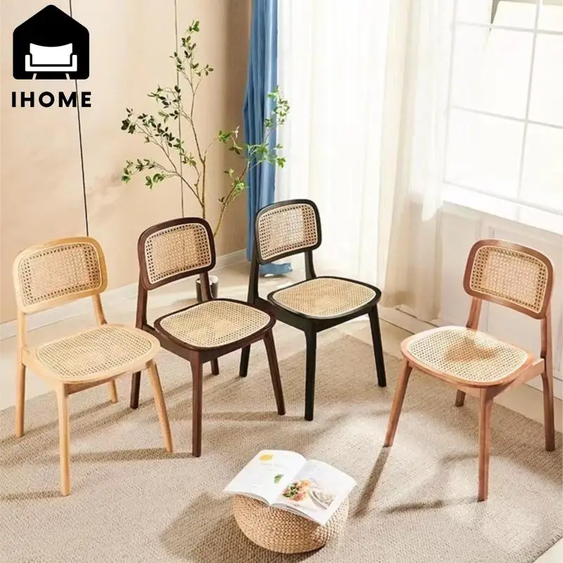 IHOME Solid Wood Dining Chair Scandinavian Rattan Woven Chair Changdigar Table Stool Household Back Chair French Retro Furniture