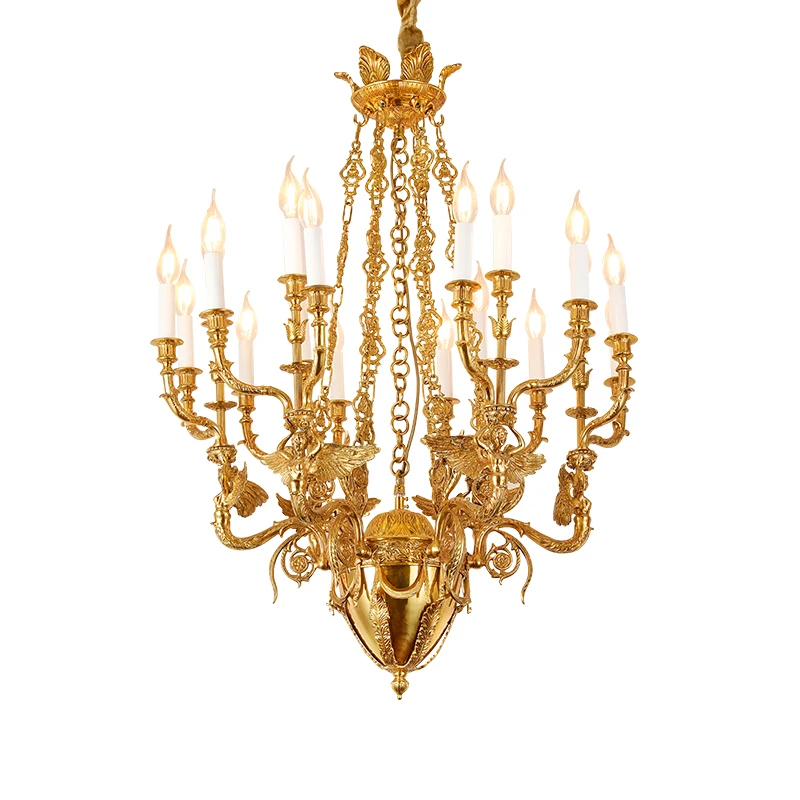 

French Antique Copper Chandelier Villa Living Room Dining Lamp European Golden Brass Candle Pendant Light