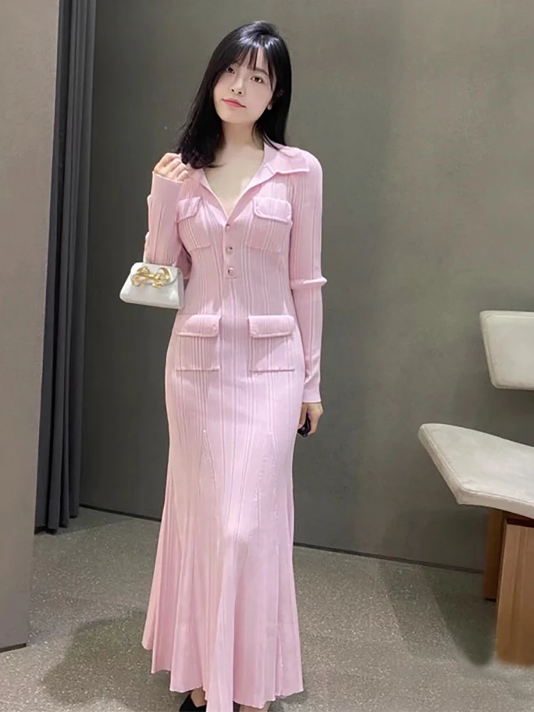 Women's pink knitted medium-length dress senior sense of fashion temperament polo collar waist-skimming long dress 2024 new