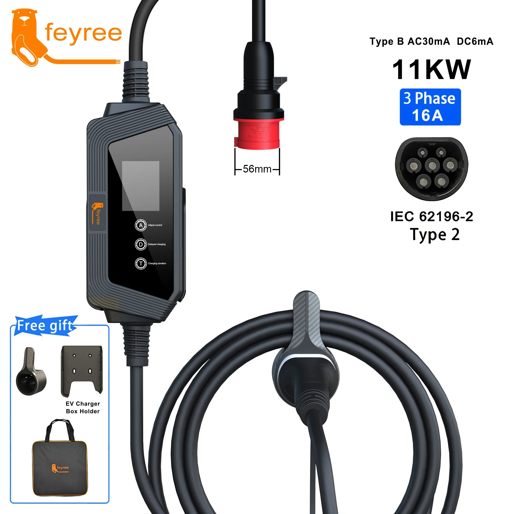 feyree Type2 Portable EV Charger 11KW 16A 3 Phase EVSE Charging Box 5M Cable with CEE Plug IEC62196-2 Electric Vehicle Charger