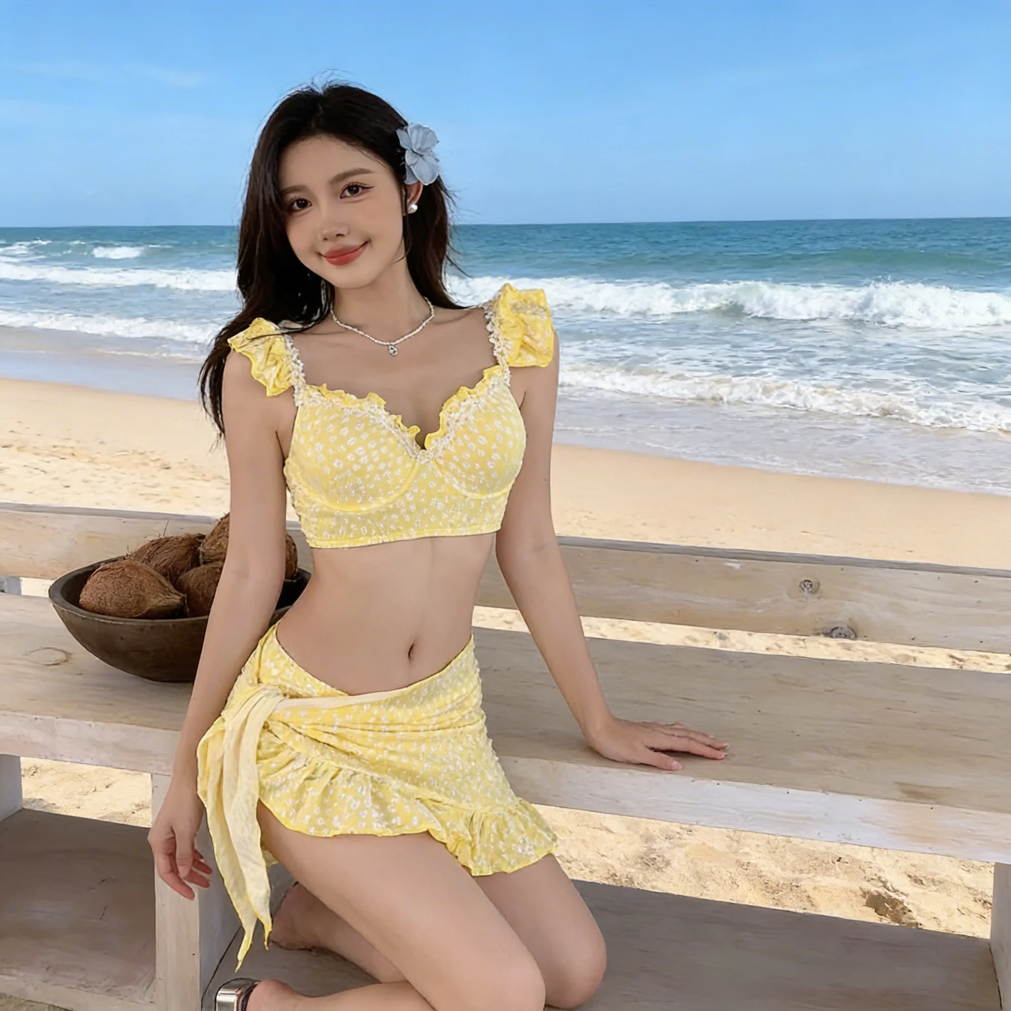 2026年 レディース スリム フローラル スクエアカラー 3点セット ビーチ バケーション 水着 ハイウエスト 水着 カバーアップ付き