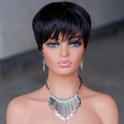 Short Pixie Cut Human Hair Wig for Women Natural Black Brazilian Hair Wig Glueless Wigs with Bangs  Cheap  Wear and Go Wigs