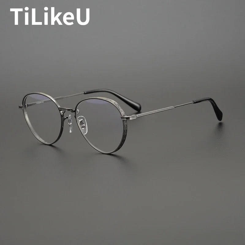 Japanese Pure Titanium Handmade Engraved Retro Texture Eyeglasses Frame High-end Designer Oval Round Men Women Glasses Frame NEW