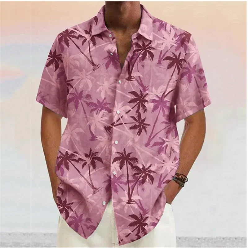 MEN\'S shirts 2024 coconut tree print lapel button shirt blue Hawaiian short sleeves fashion designer casual soft 7 colors summer