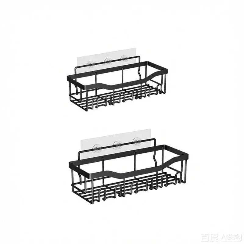 HOQUSA Black Metal Wire Wall Mounted Storage Shelf, Multifunctional Hanging Basket Organizer with 6 Hooks for Kitchen Spice