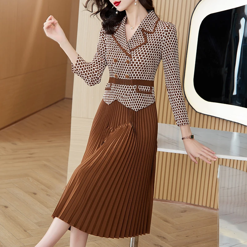 

Pleated Print Dress 2023 Autumn/Winter New Elastic Large Waist Slim Suit Collar A-line Dress Knee Length Skirt