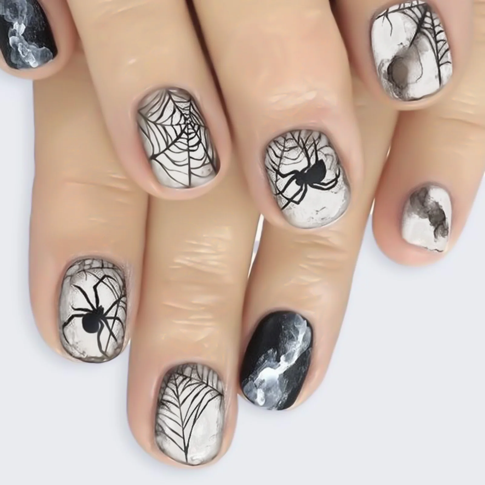 

24pcs Black White Fake Nail Tips For Halloween Spider Web Pattern Smudge Press On Nails Short Round Reusable False Nail Patches