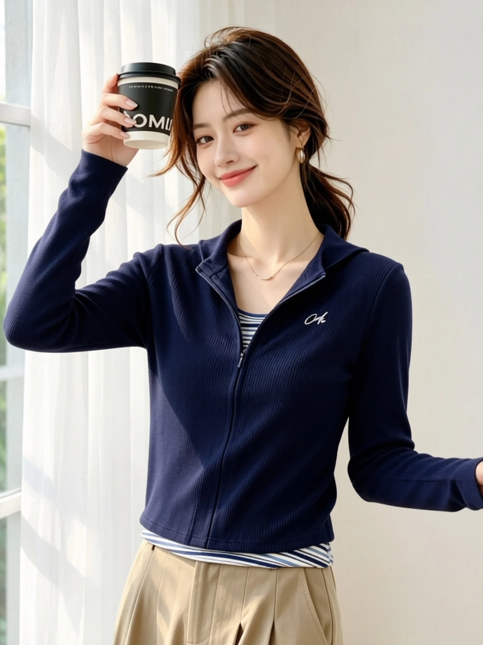 Slim Fit Long Sleeve T-Shirt Women's Autumn New Style Half Zip Base Shirt Weight Loss Versatile Top Splice Dark Blue Base Shirt