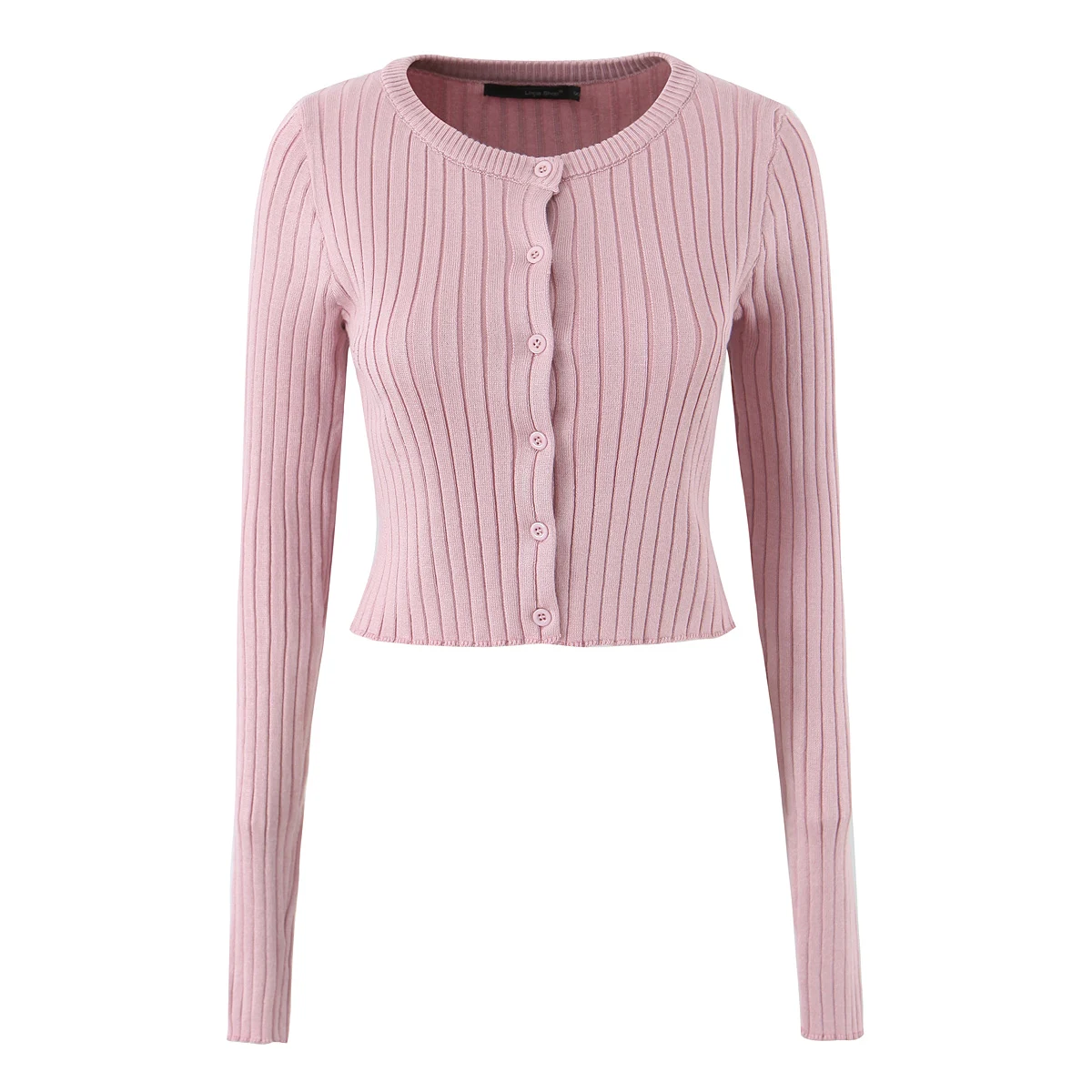 جديد الخريف البيج الضلع متماسكة زر من خلال Pointelle سترة الحلو للنساء س الرقبة طويلة الأكمام المحاصيل سترة تريكو الوردي