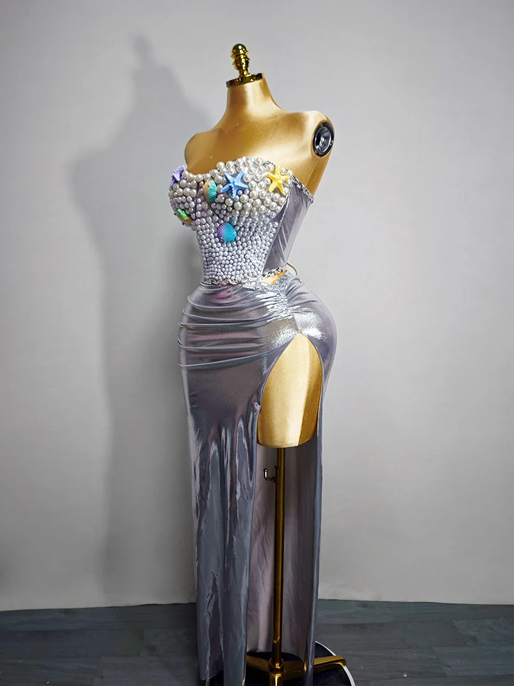 New Sexy Fashion Grey Sea-style Stage Performance Costume Women Birthday Party Short Dress Dance Show Girl Bar Drag Queen Outfit