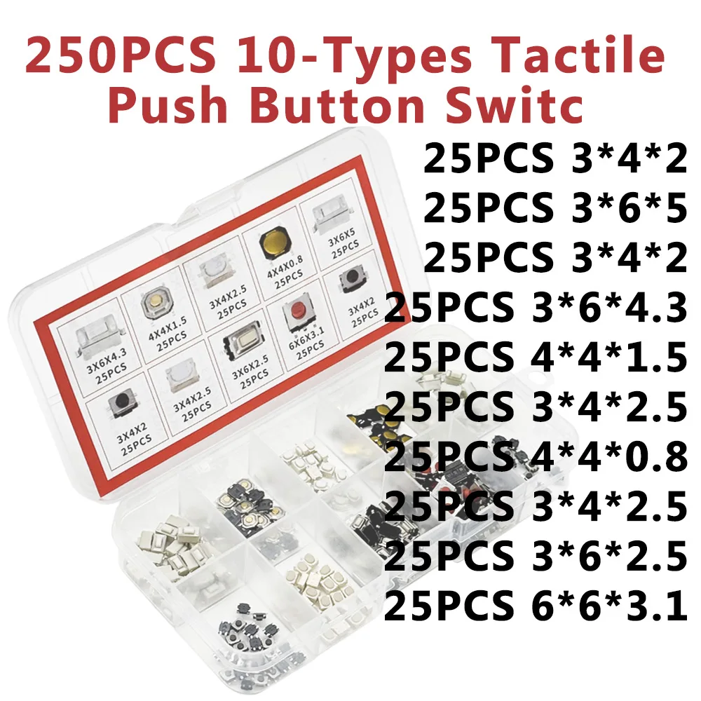 250PCS Tactile Push Button Switch Kit 10 Types Car Keys Touch Microswitches with Box for Electronics