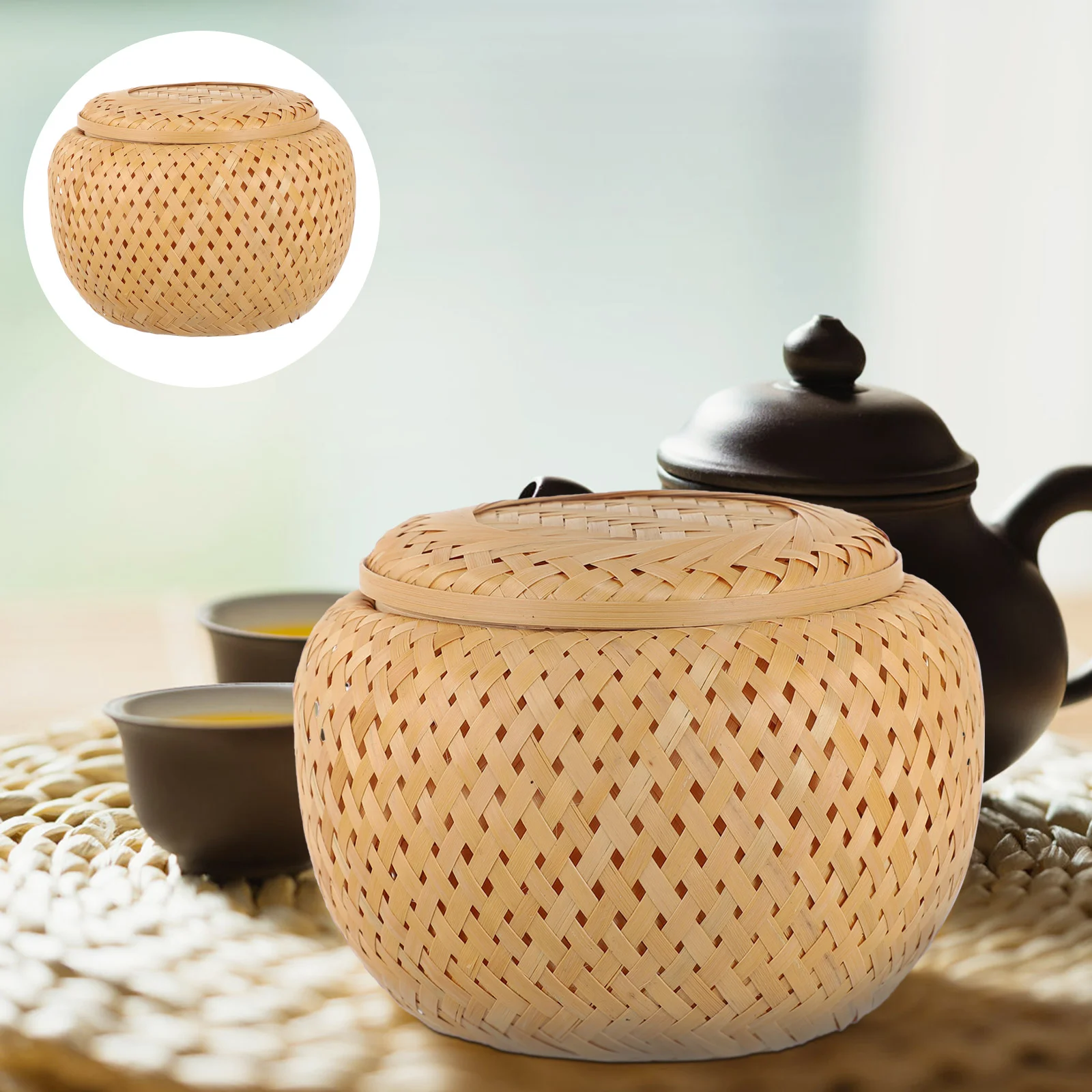 

Hand Made Bamboo Storage Tank Basket with Lid Tea Holder Woven Baskets Lids Practical Leaf