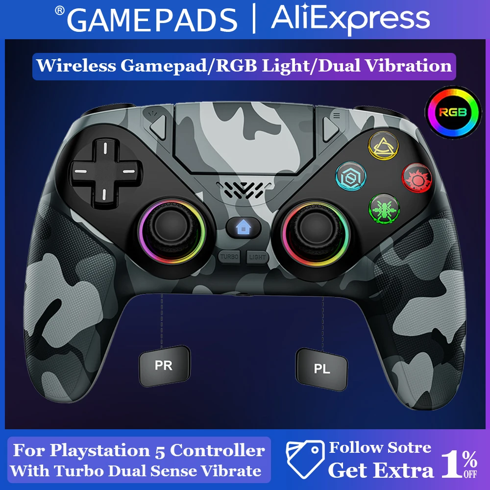 Wireless RGB Light Gamepad For Playstation 5 Controller Console Gaming Controller With Turbo Dual Sense Vibrate Programming