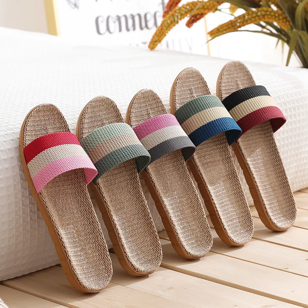 Women Homewear Striped Slippers Linen Sole Flats Couple Slippers Summer Neutral Comfy Lightweight Fashion Casual Beach Shoes