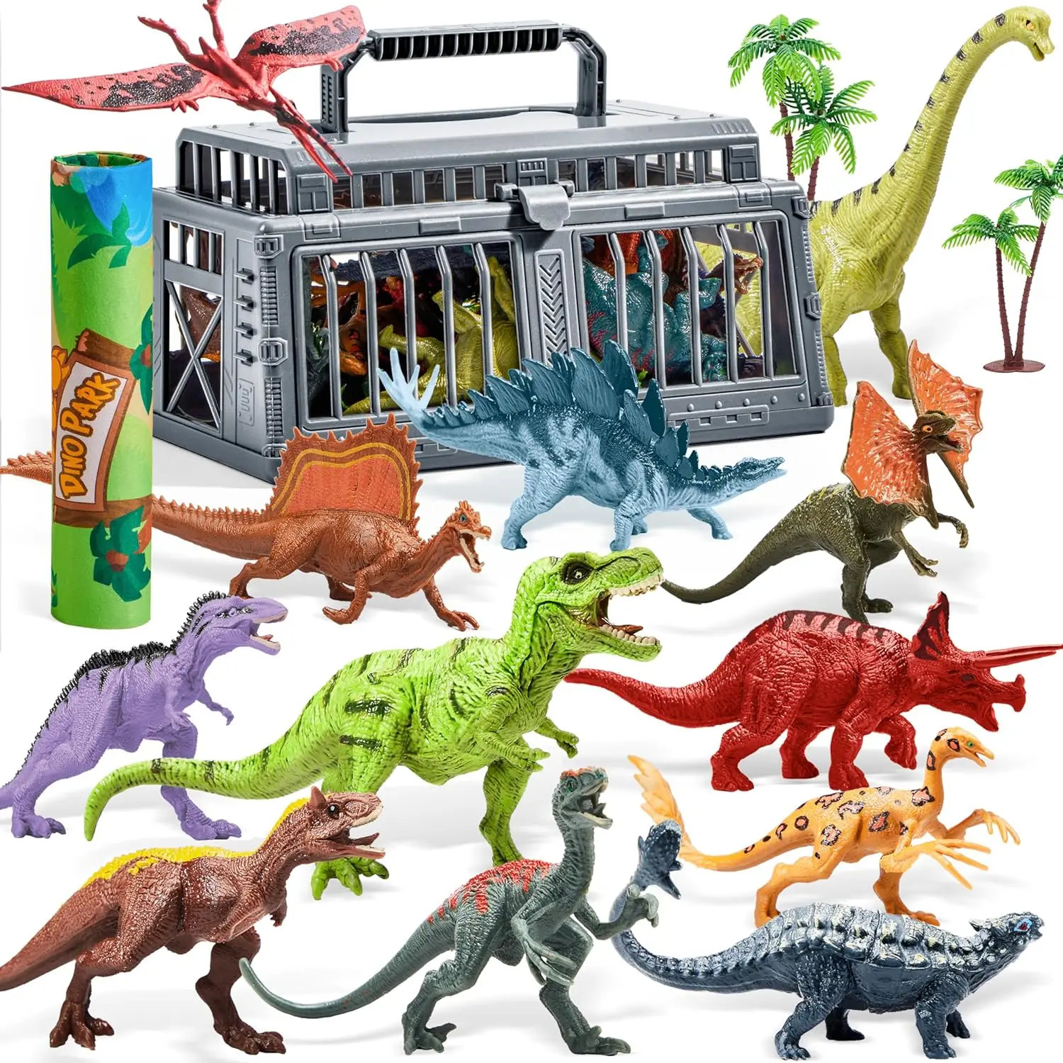 Joyfy 19 peças de figuras de dinossauro realistas, brinquedos com tapete de atividades e árvores, conjunto de brinquedos para crianças de 3 a 6 anos, presentes de aniversário