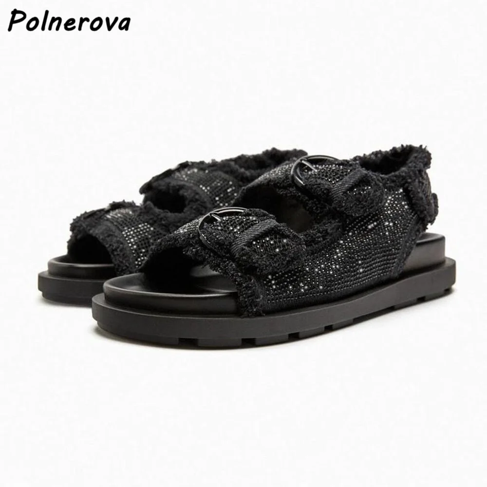 

Black Crystal Flat Sandals Round Toe Thick Soled Straight Strap Buckle Women's Leisure Shoes Fashion Fringe Summer Sandals