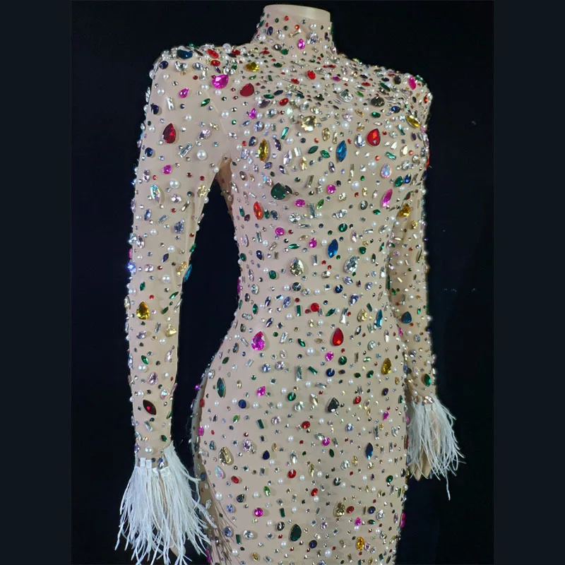 Fashion Multi-Color Crystal Pearl Tassel Zipper Long Sleeve Gala Ball Vestidos Para Festas De Luxo Kleider Für Besondere Anlässe