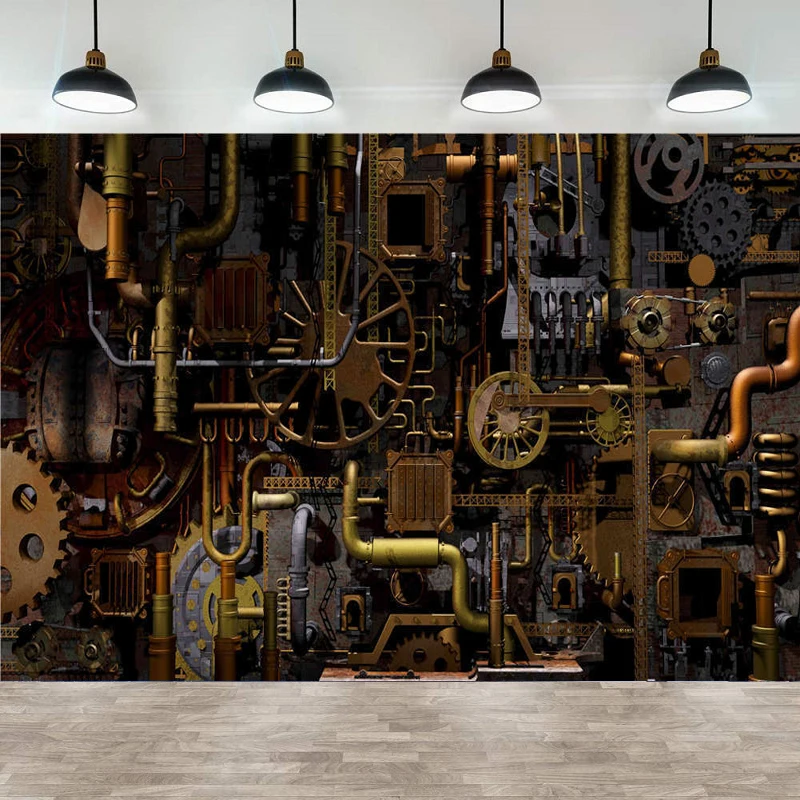 Photography Backdrop Antique Retro Old Metal Clocks Dials Gears Cogs Pipes Switches Industrial Background Wall Banner Poster