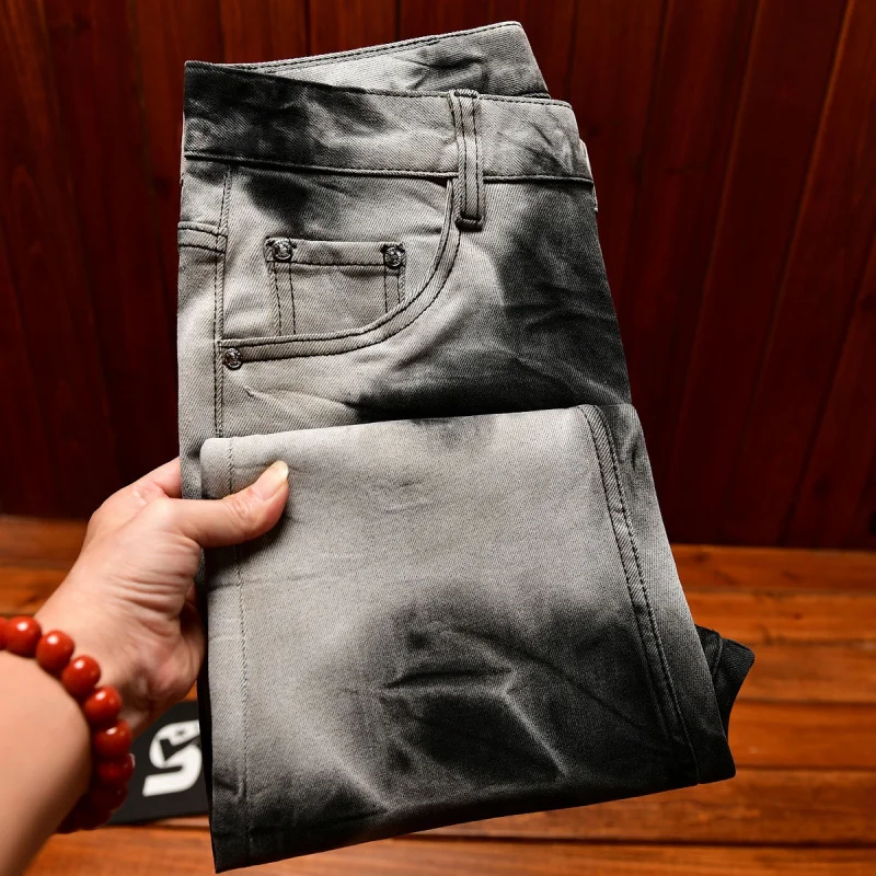 عصرية وشخصية التعادل صبغ أبيض وأسود مختلط الألوان تصميم الجينز الرجال تمتد سليم صالح الاتجاه الرجعية السراويل الطويلة