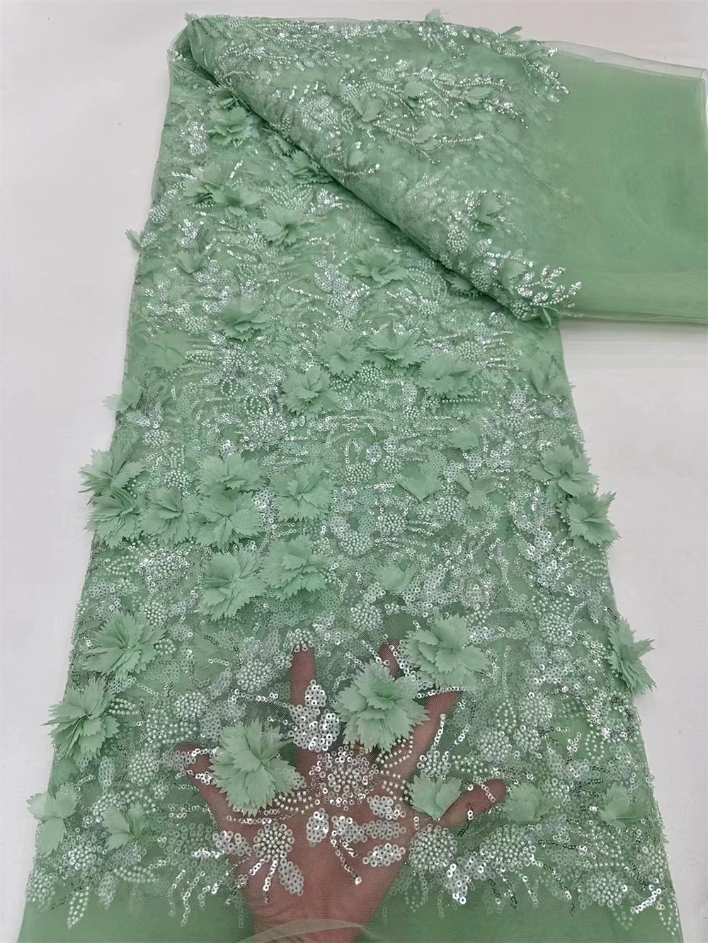 Tessuto di pizzo di paillettes ricamo a rete francese di alta qualità tessuto di pizzo di perline 3D nigeriano africano per abiti da sposa A198-1