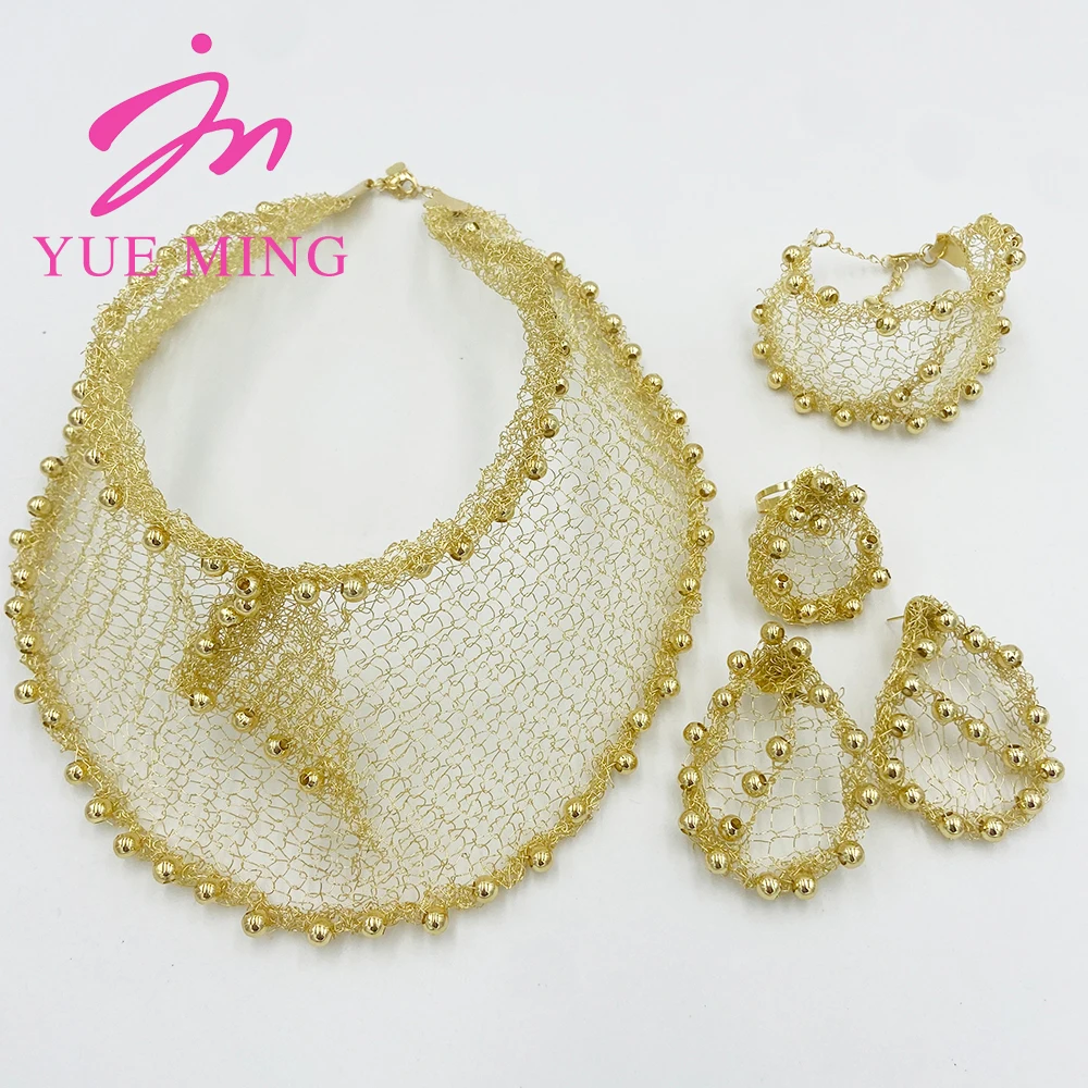 Luxury Jewelry Sets for Women Gold Plated Original Large Necklace Bracelet Hollow Out Earrings Ring Nigerian Wedding Jewellery