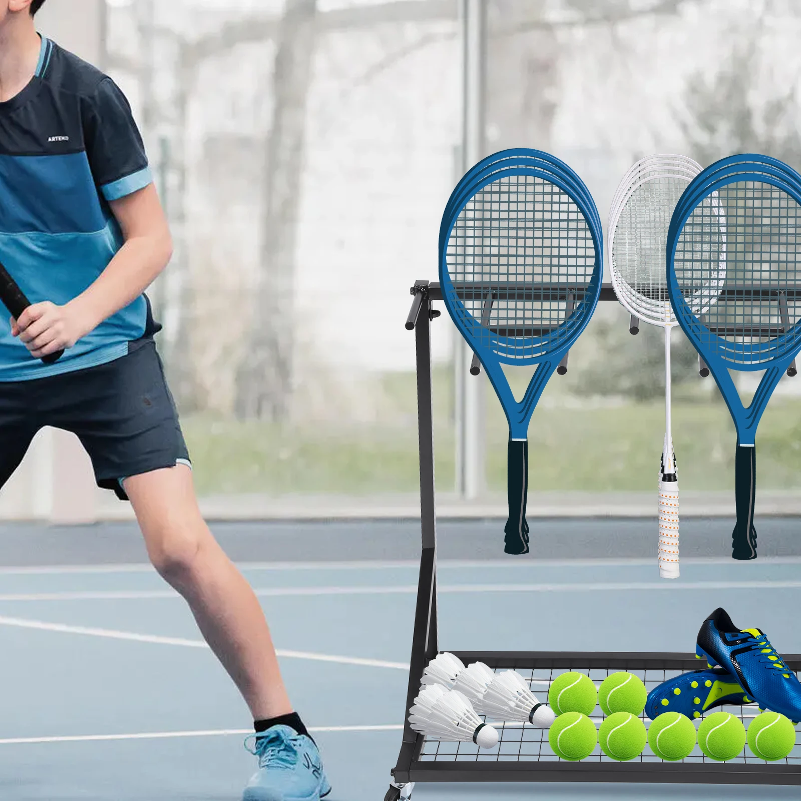 

Rolling Heavy Duty Tennis Balls Holder with Wheels Rolling Mobile Sports Equipment Cart for School/Gym/Training Ground