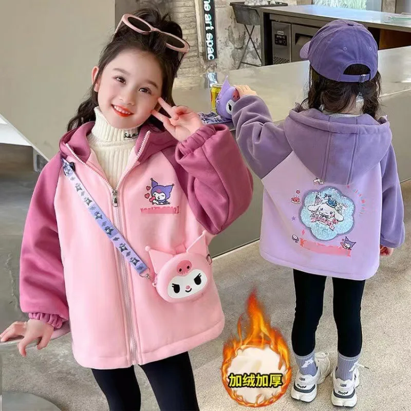 Winter Kawaii Cinnamoroll Kuromi Children's Plush Coat Anime Sanrios Girl Teen Fashion Student Cartoon Warm Hooded Zipper Jacket