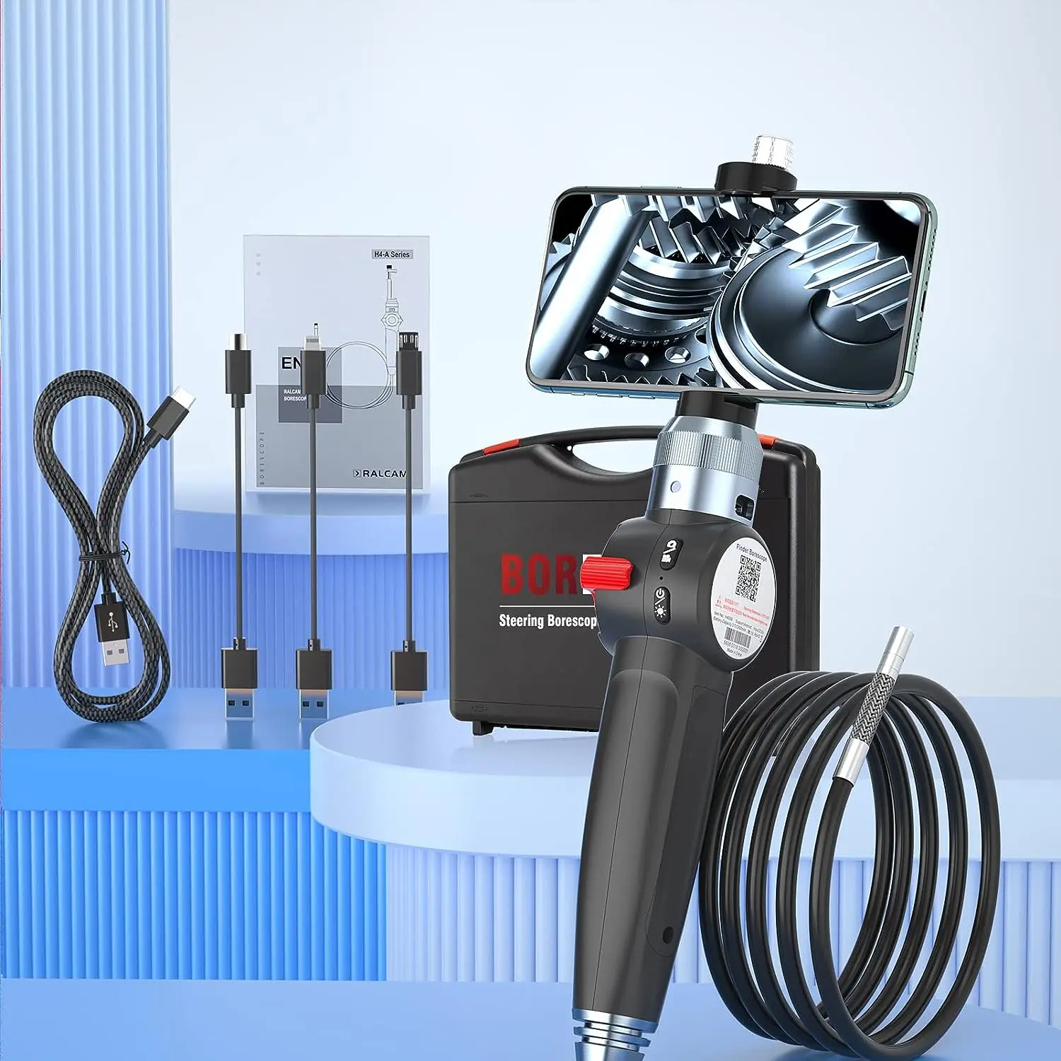Ralcam Two-Way 360° Articulating Borescope 8.5mm Lens IP67 Waterproof Steering Endoscope Inspection Camera for cars