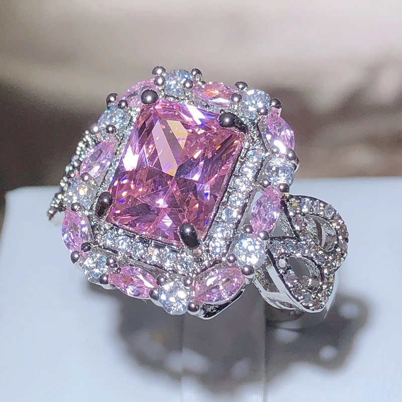 Sparkling Pink Zircon Collection Square Ring Female 925 Stamp New Fashion Jewelry Party Birthday Gift Wholesale