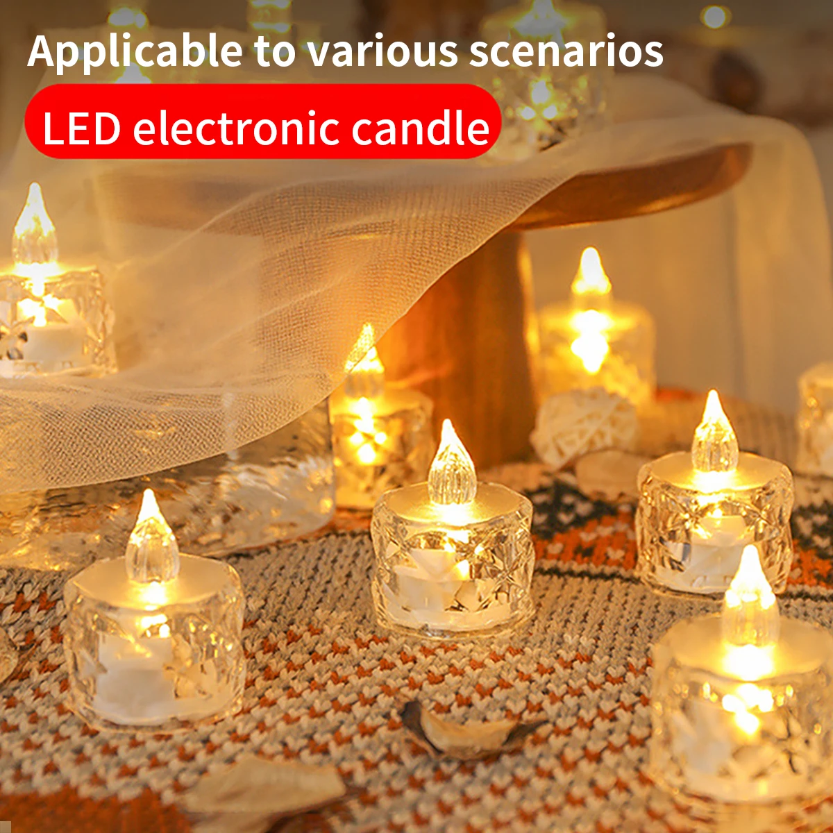 12/24 قطعة من مصابيح الشموع LED ذات مظهر كريستالي، شموع بلاستيكية عديمة اللهب، شموع زخرفية لسطح الطاولة الداخلية (تطلب البطارية)، مناسبة لعيد الميلاد والحفلات وحفلات الزفاف، والشموع المستديرة ذات الطابع الفضائي، مع فتيل واحد، مع التحكم في المفتاح #1
