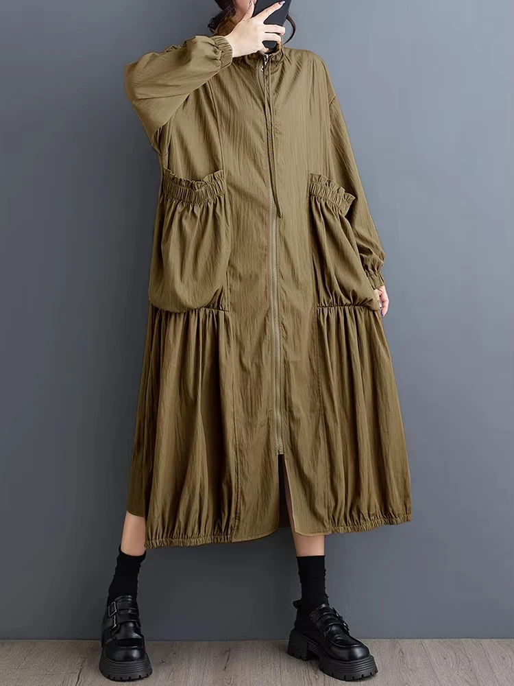 XITAO Zipper Patchwork Pocket Stand Collar Trench Solid Color Long Sleeve Loose Korea Fashion Long Coat 2024 Autumn New GYX1029