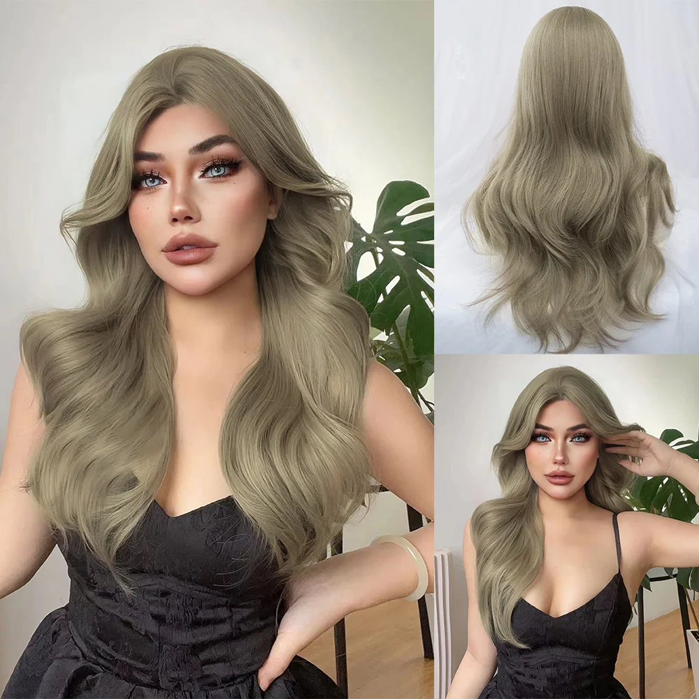 

26Inch Milk Tea Linen Synthetic Wigs Middle Part Long Natural Wavy Hair Wig For Women Daily Use Cosplay Party Heat Resistant